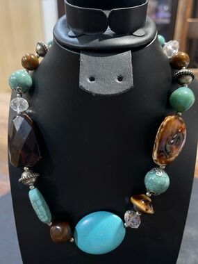 Turquoise & Brown Statement Beaded Necklace - Women Jewelry